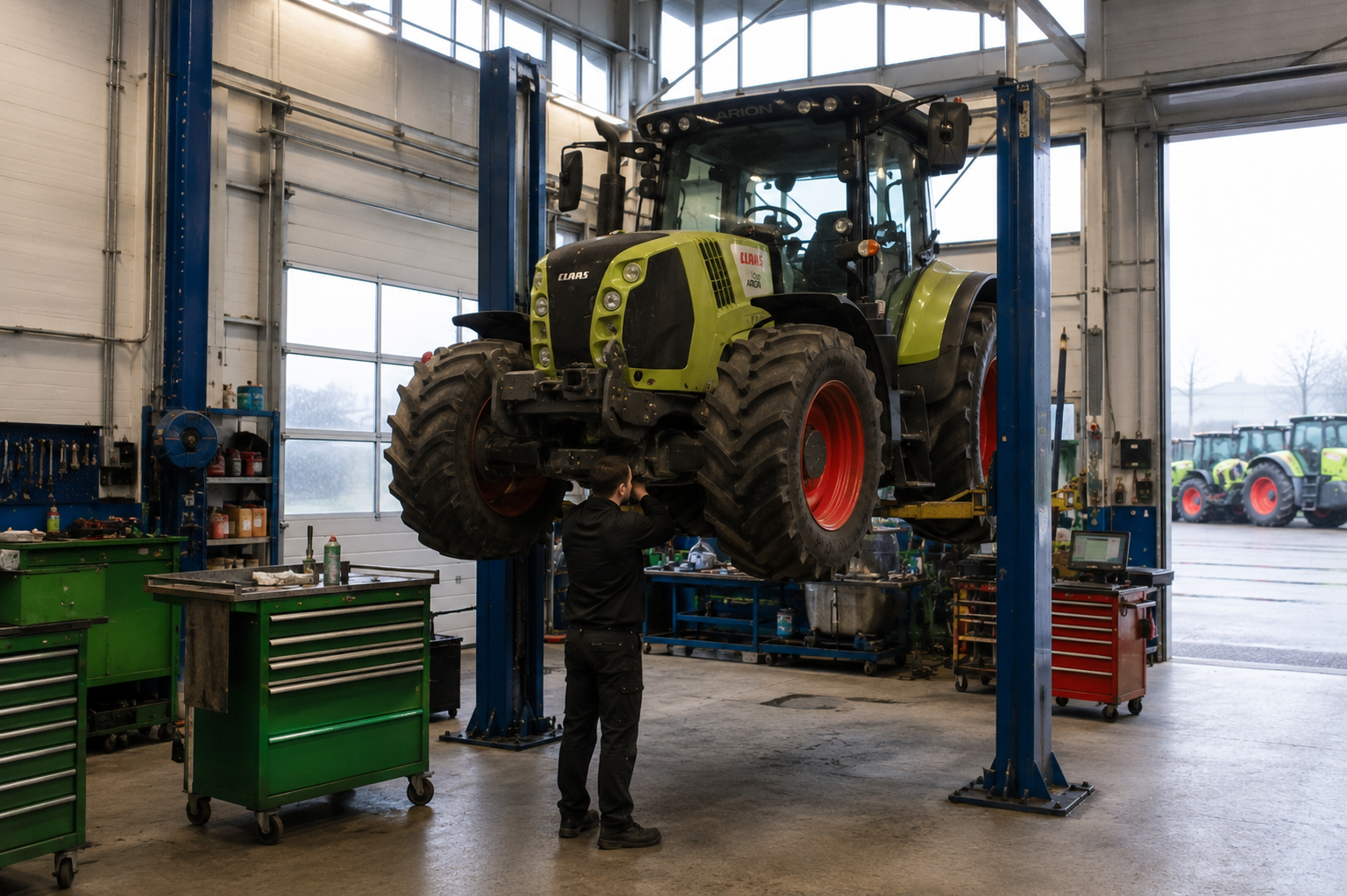 CLAAS Arion auf der Hebebühne in der Werkstatt von Venhoff Landtechnik in Borken