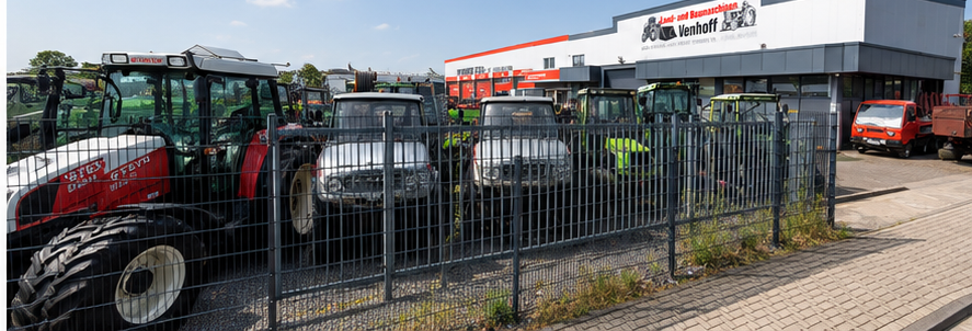 Außenbereich mit Schleppern, Unimog und weiteren Maschinen